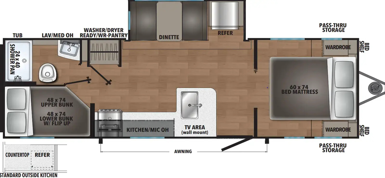 The Northern Spirit DLX & Compact 5250BHS floorplan has one entry and one slide out. Exterior features include: metal exterior and outside kitchen. Interiors features include: bunk beds and front bedroom.